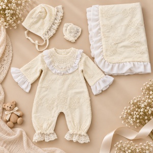 Set botez fetita premium 4 piese ivoire cu dantela, bumbac la interior si paturica eleganta - Img 2