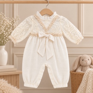 Set botez fetita premium din muselina 4 piese ivoire cu dantela, broderii si paturica - Img 4
