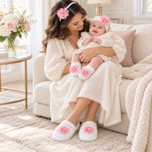 Set cadou mama si bebe cu papuci, botosei si accesorii florale roz, marimea 36 si 3-6 luni