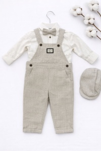 Set elegant baieti 4 piese salopeta gri camasa alba papion si sapca - Img 3