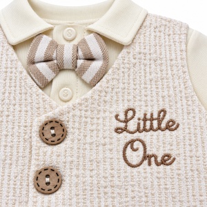 Set elegant bebe baieti din bumbac, bluza cu vesta, papion si pantaloni cu dungi, crem-bej - Img 5