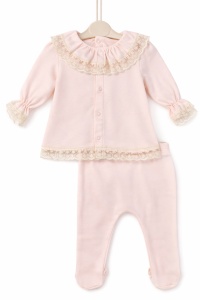 Set elegant fete roz 3 piese bluza pantaloni bentita dantela - Img 4