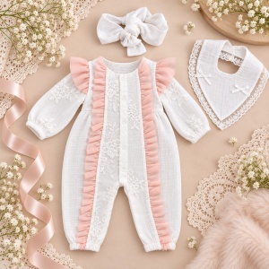 Set elegant fetita din muselina 3 piese cu salopeta dantelata, bavetica si bentita - Img 2