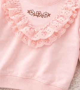 Set fete roz 2 piese bluza cu volane pantaloni imprimeu floral - Img 4