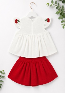 Set fetita 2 piese bluza alba cu cirese si fusta rosie vaporoasa din vascoza - Img 3