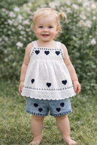 Set fetite vara bluza alba cu inimioare si pantaloni scurti denim, casual chic