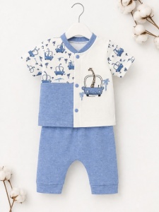 Set haine bebe baiat 2 piese bumbac premium – tricou cu capse si pantaloni albastri cu girafa - Img 2