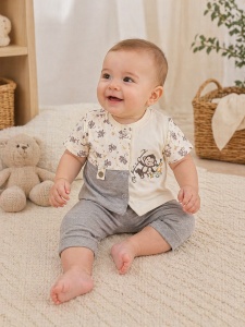 Set haine bebe baiat 2 piese bumbac premium – tricou cu capse si pantaloni cu maimuta