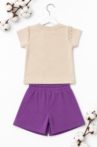 Set haine bebe fete 2 piese bumbac – tricou si fusta pantalon mov cu fundita - Img 3