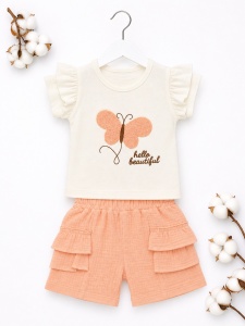 Set haine bebe fete 2 piese bumbac premium – tricou cu fluture si pantaloni somon - Img 2