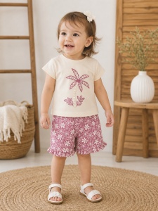 Set haine bebe fete 2 piese bumbac premium – tricou si pantaloni scurti floral