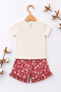 Set haine bebe fete 2 piese bumbac premium – tricou si pantaloni scurti rosii floral - Img 3