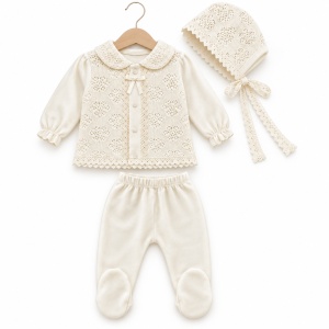 Set haine bebe fetita 10 piese din bumbac, crem, cu dantela, nou-nascut - Img 3