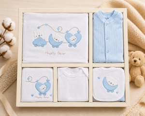 Set nou nascut 10 piese albastru, Happy Bear, bumbac moale pentru bebelusi - Img 2