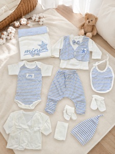 Set nou nascut 10 piese bleu cu dungi din bumbac, complet pentru bebelusi