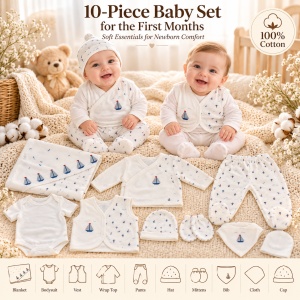 Set nou nascut 10 piese bumbac alb cu barcute, paturica, body, pantaloni si accesorii - Img 7