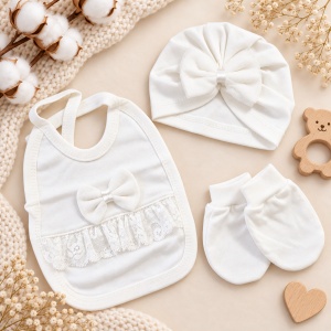 Set nou nascut 10 piese bumbac alb cu dantela, paturica, salopeta, body si accesorii - Img 7