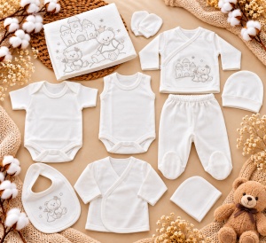 Set nou nascut 10 piese bumbac alb cu ursuleti, paturica, body, pantaloni si accesorii