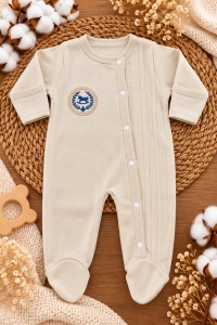 Set nou nascut 10 piese bumbac crem cu salopeta, body, compleu elegant si paturica - Img 3