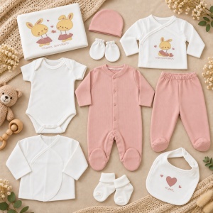Set nou nascut 10 piese bumbac roz alb cu iepurasi, salopeta, body, paturica si accesorii