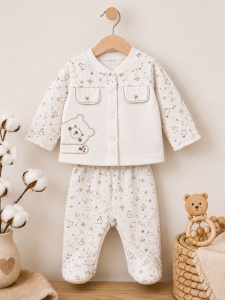 Set nou nascut 10 piese din 100% bumbac crem cu paturica, ursulet si stelute, detaliu material si finisaje