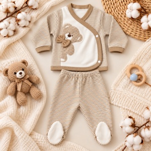 Set nou-nascut 10 piese din bumbac, body, bluza, pantaloni cu botosei, paturica si accesorii, ursulet, bej - Img 2