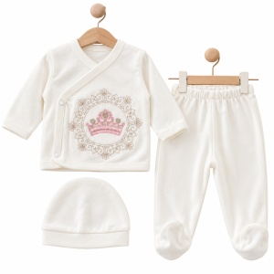 Set nou-nascut 10 piese din bumbac, body, pantaloni cu botosei, paturica, alb, coronita roz - Img 3