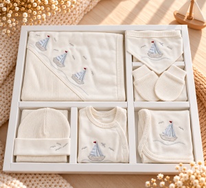 Set nou nascut 10 piese din bumbac, crem, barcute, paturica si accesorii - Img 4