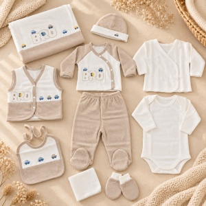 Set nou nascut 10 piese din bumbac, crem-bej, masinute brodate, paturica si accesorii
