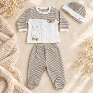 Set nou nascut 10 piese din bumbac, crem-bej, ursulet brodat, paturica si accesorii - Img 4