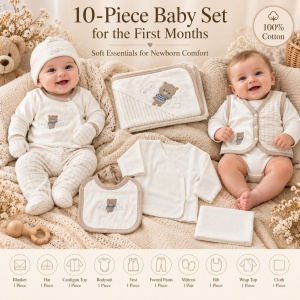 Set nou nascut 10 piese din bumbac, crem, ursulet brodat, paturica, body, pantaloni - Img 6