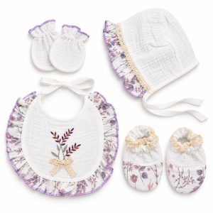 Set nou nascut 10 piese din muselina, imprimeu floral, bluza, salopeta, pantaloni, caciulita si accesorii - Img 6