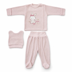 Set nou nascut 3 piese din bumbac roz cu iepuras, bluzita, pantaloni cu botosei si caciulita - Img 3