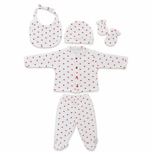 Set nou nascut 5 piese alb cu inimioare rosii, bluzita, pantaloni cu botosei, caciulita, baveta si manusi - Img 4