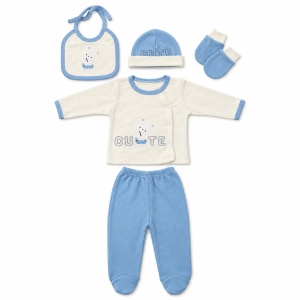 Set nou-nascut 5 piese bumbac alb si bleu cu ursulet Cute si pantaloni cu botosei integrati - Img 3