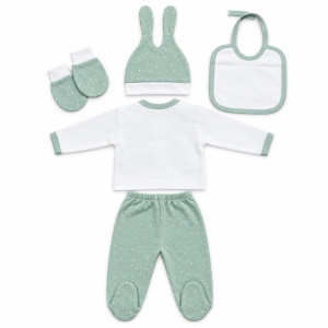 Set nou-nascut 5 piese bumbac alb si verde salvie cu iepuras, pantaloni cu botosei integrati - Img 5