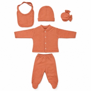 Set nou nascut 5 piese caramiziu reiat, bluza, pantaloni cu botosei, caciulita, baveta si manusi - Img 4