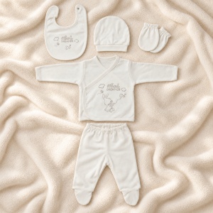 Set nou nascut 5 piese din bumbac alb cu iepuras Dreamer, bluza petrecuta si botosei integrati