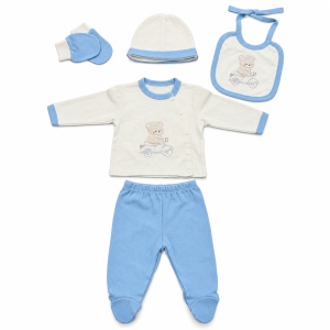 Set nou-nascut 5 piese din bumbac alb si bleu cu ursulet pe scuter, pantaloni cu botosei - Img 3