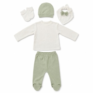 Set nou nascut 5 piese din bumbac cu ursulet si papion, verde salvie si alb - Img 5