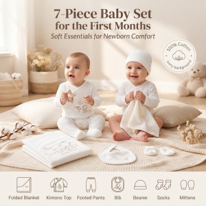 Set nou nascut 7 piese bumbac alb cu ursulet si luna, paturica, pantaloni si accesorii - Img 6