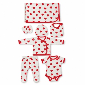 Set nou nascut 7 piese din bumbac crem cu inimioare rosii, body, pantalon si paturica - Img 2