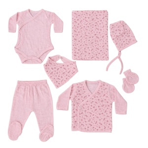Set nou nascut 7 piese din muselina roz cu imprimeu floral, body, bluzita, pantaloni si paturica - Img 2