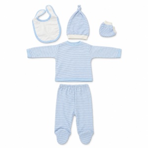 Set nou-nascut baiat 5 piese bleu cu ursulet, pantaloni cu botosei integrati - Img 5
