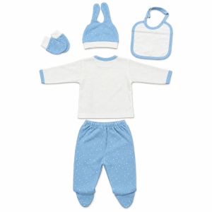 Set nou-nascut baiat 5 piese din bumbac alb si bleu cu iepuras, pantaloni cu botosei integrati - Img 5