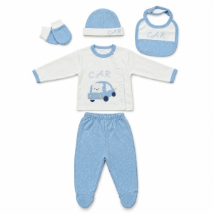 Set nou-nascut baiat 5 piese din bumbac alb si bleu cu masinuta, pantaloni cu botosei - Img 4