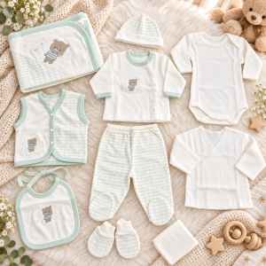 Set nou nascut baietel 10 piese din bumbac, alb si verde menta, model ursulet