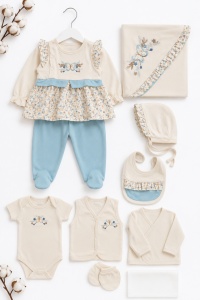 Set nou nascut fetita 10 piese 100% bumbac, bleu ivoire, fluturas, paturica inclusa - Img 2