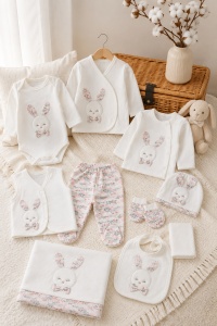 Set nou nascut fetita 10 piese 100% bumbac, iepuras, paturica inclusa, cadou bebe