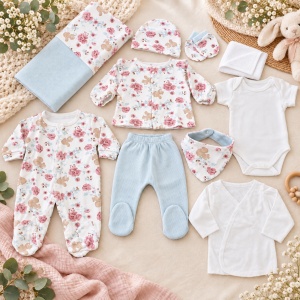 Set nou nascut fetita 10 piese din bumbac, bleu cu imprimeu floral si veverite